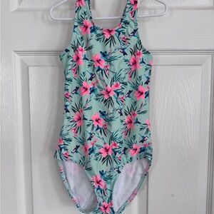 Kids One-Piece Swimsuit in Mint with Pink Floral Print